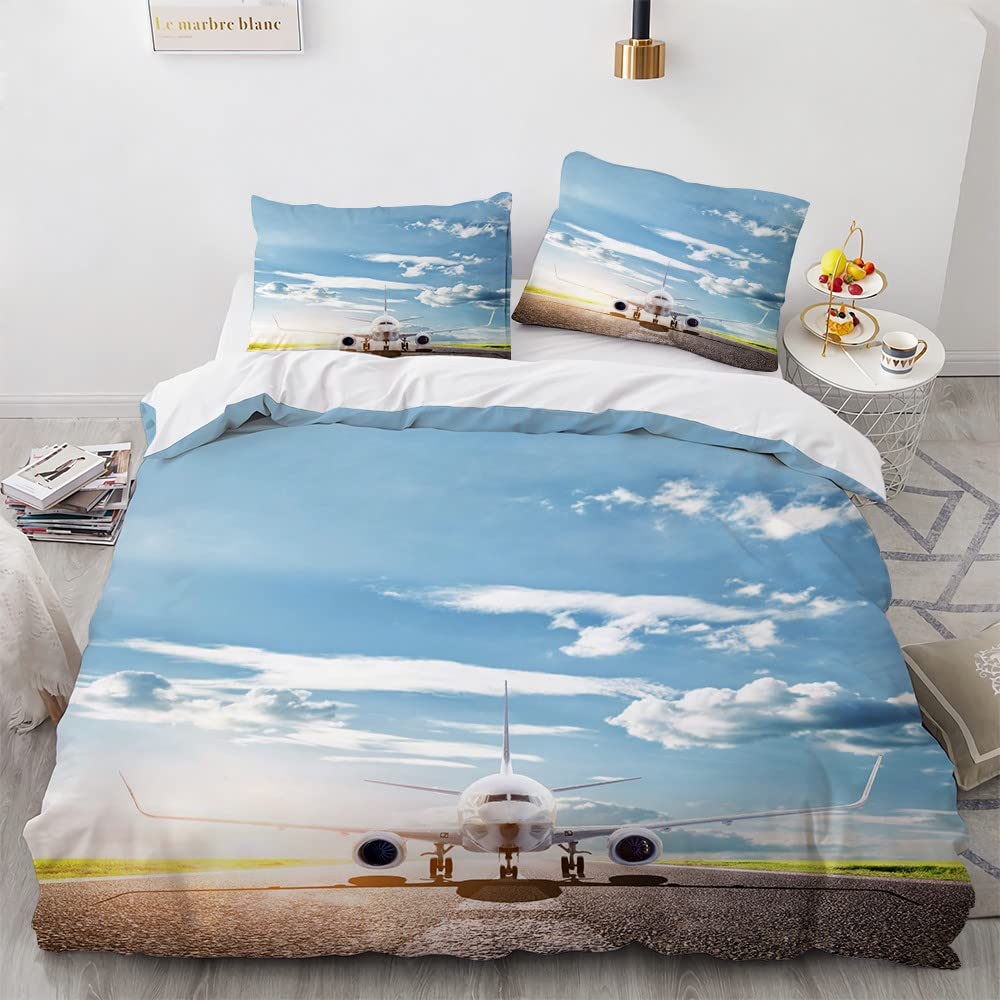 Pościel 200 x 200 cm, niebieski samolot 3D, 3-częściowy, oddychająca mikrofibra, zestaw pościeli dla dzieci i dorosłych, dwustronny, z zamkiem błyskawicznym + 2 poszewki na poduszkę 80 x 80 cm