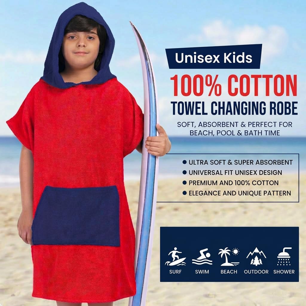 ALLEN & MATE 100% Cotton Kids Hooded Surf Poncho Changing Robe, Quick Absorbent Wearable Swim Towel Boys & Girls, 6-13 Years