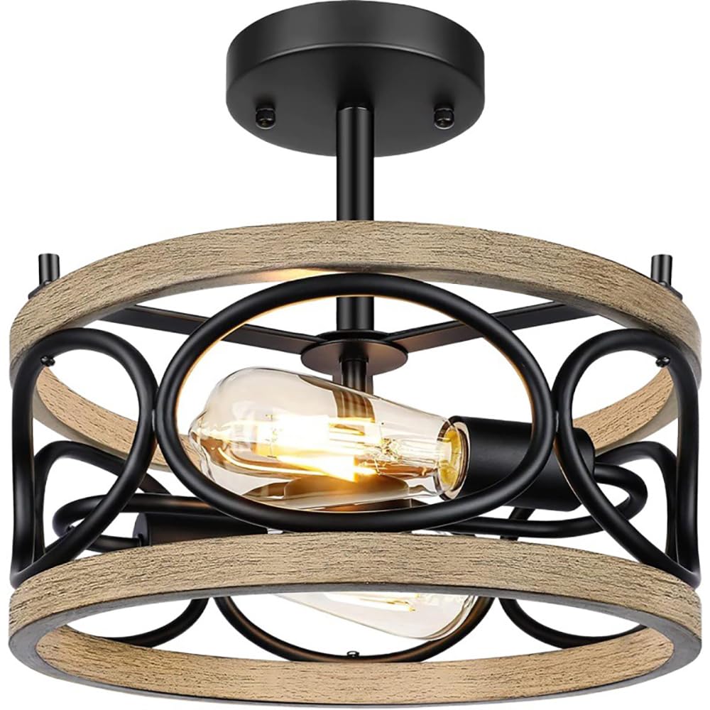 3-Light Farmhouse Semi Flush Mount Ceiling Light Fixture,Rustic Drum Wood Ceiling Lamp for Hallway Kitchen Entryway Foyer Bedroom Laundry Room,Nature Wood Texture and Black Metal Fence Finish