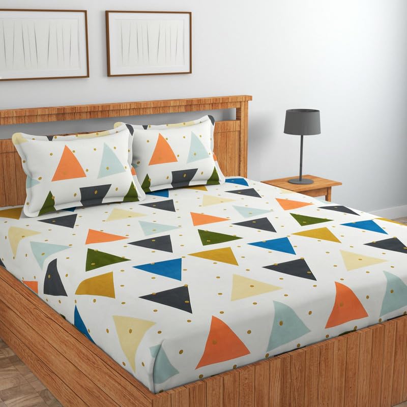 Image of Jashan Premium Cotton Fitted Bedsheets with 2 Pillow Covers for King Bed | 200-220 TC | Size 78x72+10 Inches | Multicolour | Soft, Durable, All-Around Elastic Modern Collections