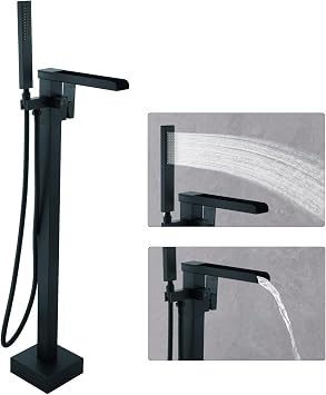 Black Freestanding Tub Faucet, Brass Floor Mount bathub filler | Waterfall Flow, No Splash, No Wobbling, Fingerprint-resistant, High Flow