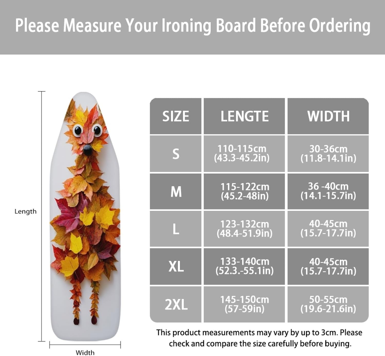 Padded Ironing Board Covers 18 X 49 Autumn Leaves Animal Shape Ironing Board Pad and Cover Thick Replacement Drawstring Tightening & Lock, Easy Fit, Scorch & Stain Resistant, Non Slip