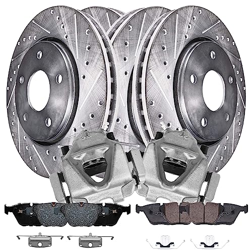 Image of Detroit Axle - Brake Kit for BMW 2010-2013 328i, 328i xDrive 2013-2015 X1, Front Rear Drilled Rotors Brake Pads Front Calipers w /Bracket - 10pc Set