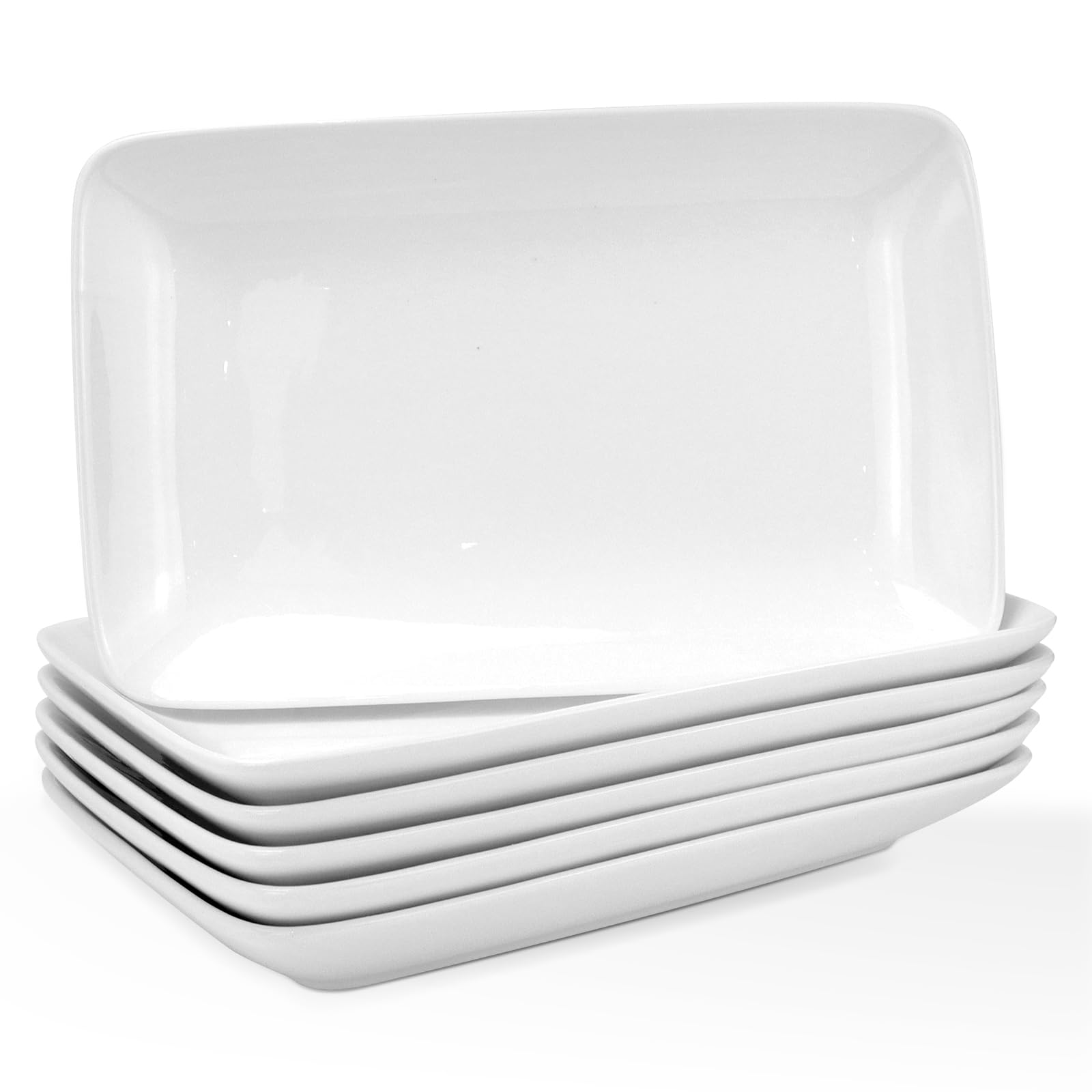 MSYU Set of 6 Rectangular Serving Platters, 10 inch / 25cm White Ceramic Serving Dishes, Premium Porcelain Trays for Sandwiches, Sushi, Desserts & Side Dishes, Ideal for Dinner Parties & Catering