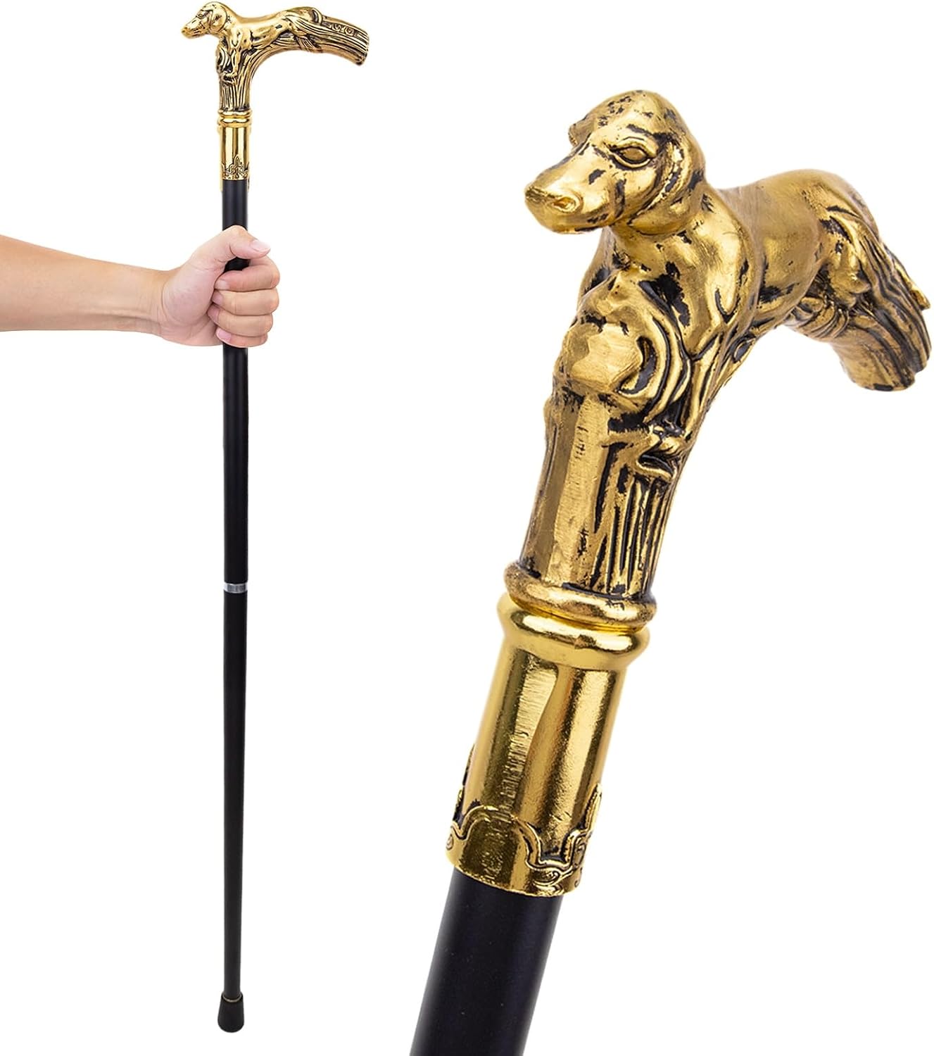 36.6 inch Walking Cane for Men & Women & Seniors - 250 Lbs Capacity, Golden Dog Ergonomic Handle, Handcrafted Steel 3 Fold Fancy Cane