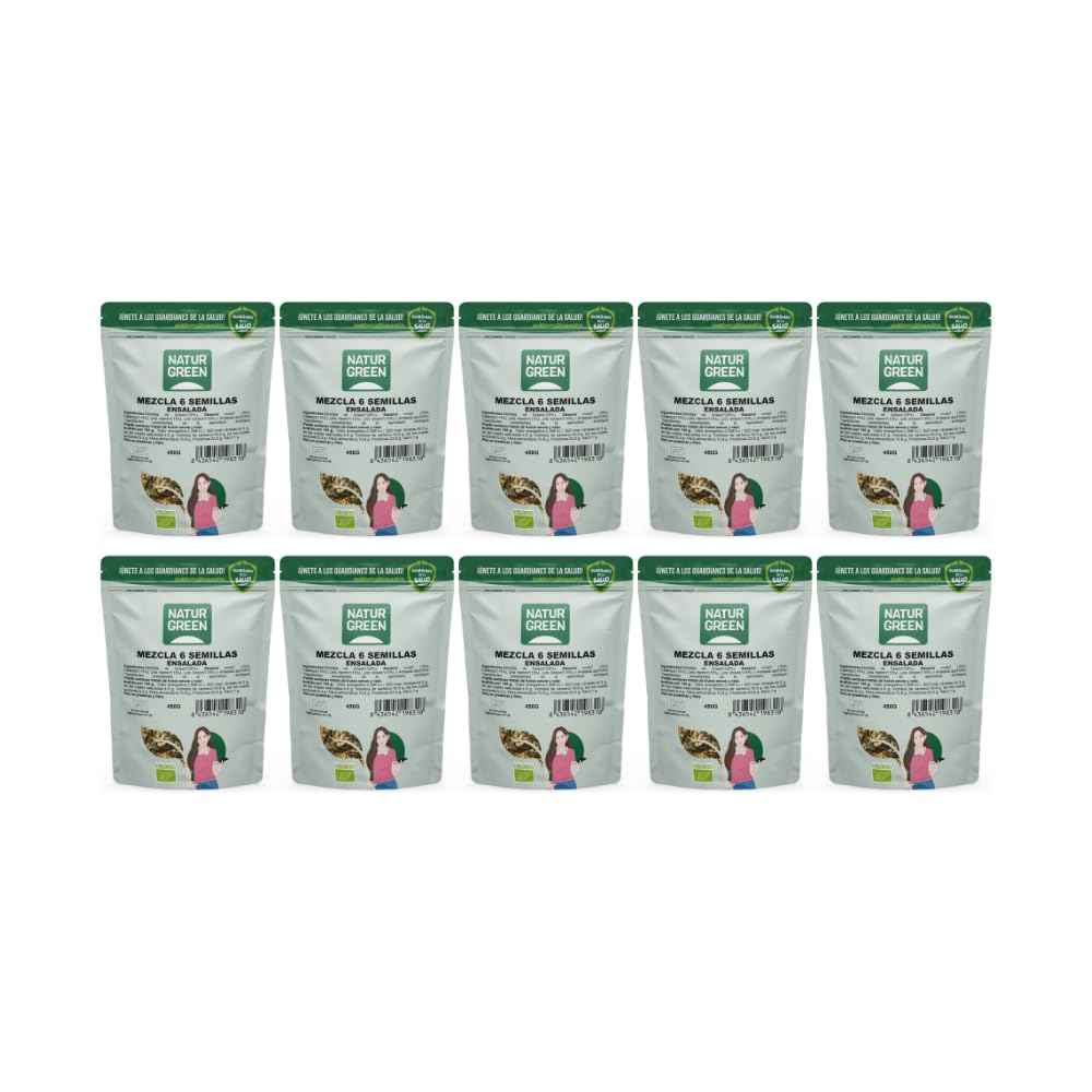 NaturGreen Mezcla 6 Semillas para Ensalada Bio 10 x 450 g, Lino, Girasol, Calabaza, Cáñamo, Sésamo, Chía, Omega 3, Fibra, Proteína, Sin Gluten, Vegano