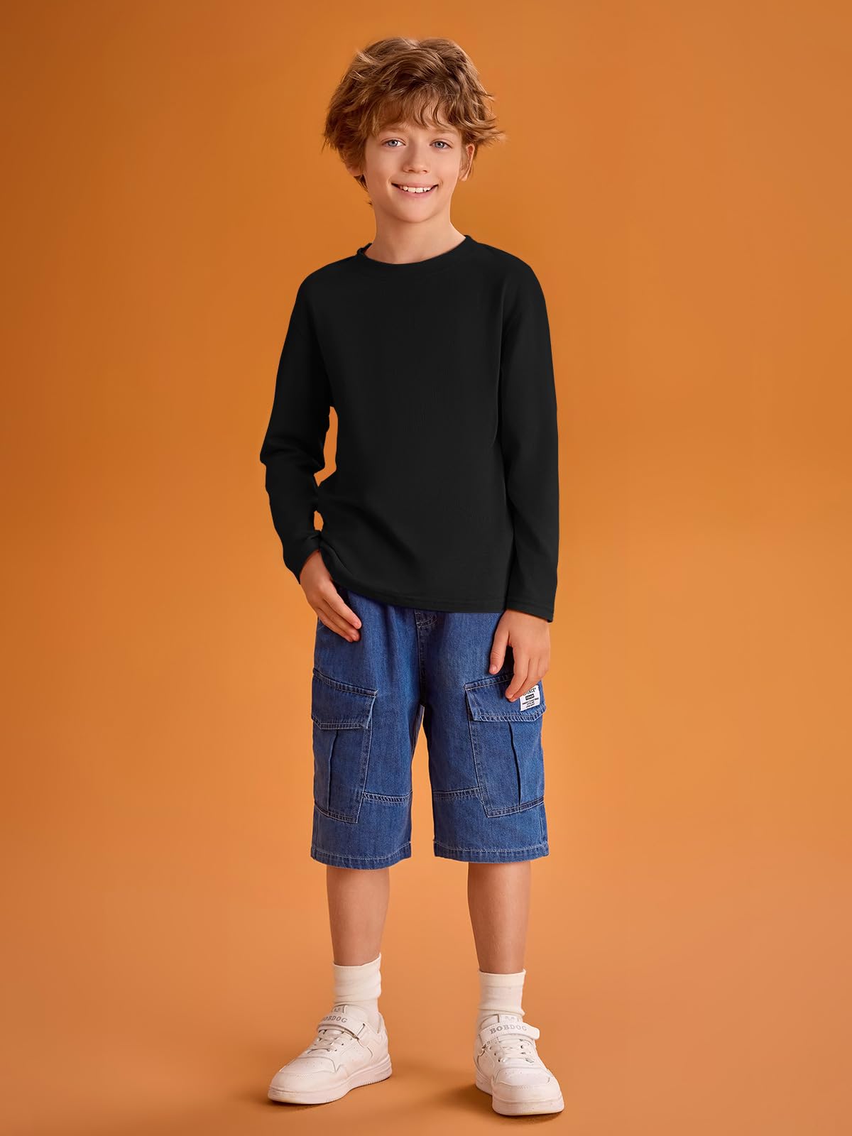 T-shirt à manches longues pour garçon col rond couleur unie basique