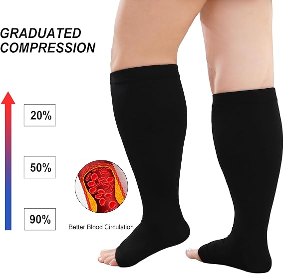 PUTUO Plus Size Compression Socks: Wide Calf Graduated Compression Stockings Men Women Open Toe Extra Large Compression Sock for Support Flight Travel Pregnancy Nurses 20-30 mmHg Black 7XL 1Pairs