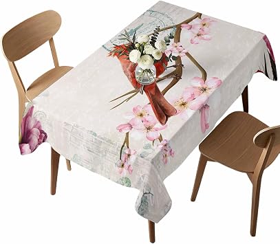 Spring Summer Cardinal Bird Flowers Tablecloth Rectangle 60 x 102 Inch, Table Cloth Waterproof and Oil Proof Table Cover Decor for Kitchen Dinning Party Tabletop Outdoor
