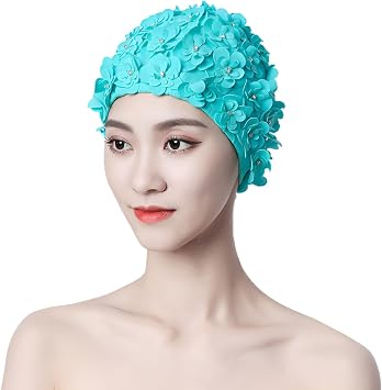 PURFUN خمر 3 D الزهور قبعة السباحة للنساء، تنفس النسيج الأزهار سبا حمام سباحة الشاطئ قبعات السباحة للشعر القصير الطويل