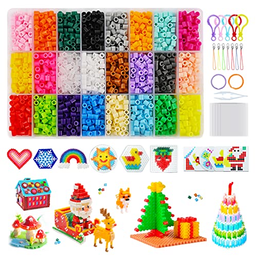 YDIAMEJ Fuse Beads Kit 4300 Iron Beads Set 24 Color 5mm Fuse Beads Kit for Kids with Patterns Booklet Pegboards Ironing Paper Tweezer Creative Crafts Set for Christmas Birthday Gifts