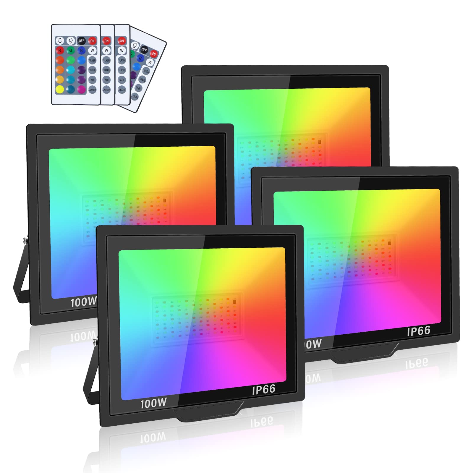 SKYWORLD 100W RGB LED Flood Lights, Color Changing IP66 Waterproof Security Lights with Remote, 16 Colors & 4 Modes for Outdoor, Garden, Stage, Decoration - 4PCS