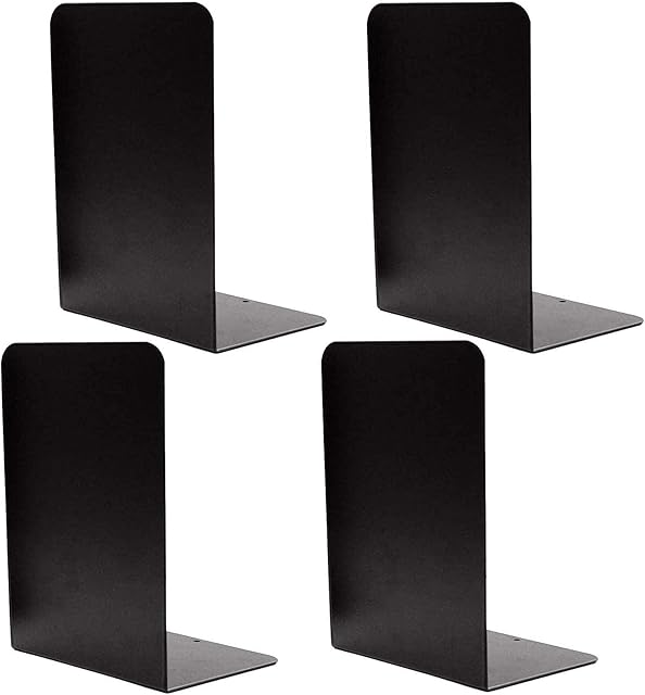 4 Pieces Heavy Duty Black Decorative Metal Bookends, VONDERSO Metal Book Ends Support for Shelves Divider Stopper Holder with Non-Slip Rubber Pad for Decor, Home, Office, Library, School, Gift