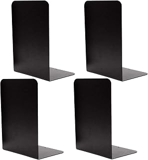 4 Pieces Heavy Duty Black Decorative Metal Bookends, VONDERSO Metal Book Ends Support for Shelves Divider Stopper Holder with Non-Slip Rubber Pad for Decor, Home, Office, Library, School, Gift