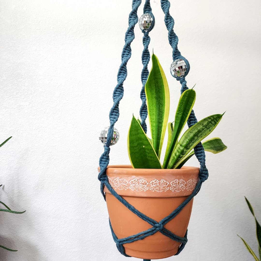 Set of 3 Macrame Plant Hanger | Disco ball decor Hanging planters for indoor plants Cool gifts for plant lovers Boho plant pots plant stand indoor Hanging planters for outdoor plants (Peacock Blue)