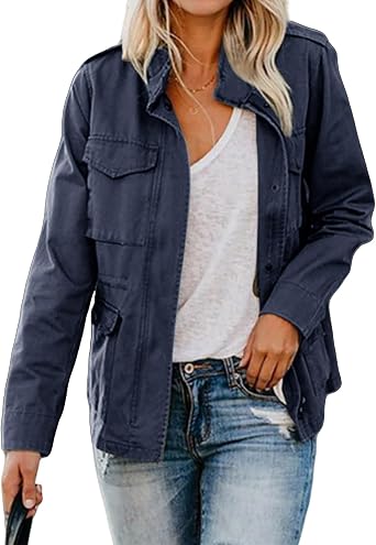 Womens Military Anorak Jackets Zip Up Parka Safari Utility Coats Snap Buttons Outerwear with Pocket