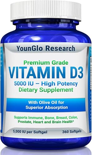 Vitamina D3 5000 UI en aceite de oliva sin OMG potentes beneficios para la salud 360 cápsulas blandas paquete de 1