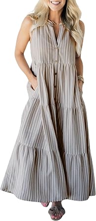 utcoco Womens Casual Sleeveless Striped Shirt Dresses Button Down Tiered Swing Hem A Line Maxi Shirt Dress with Pockets