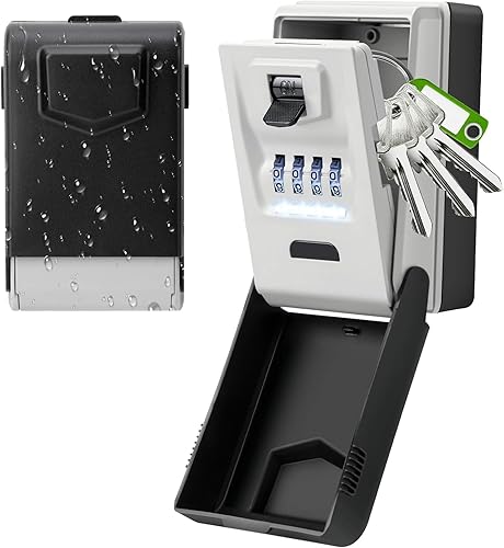 Miniatura 9 de HUANLANG Caja de bloqueo de llave de montaje en pared, caja de bloqueo de combinación para exteriores con diales iluminados, caja de seguridad