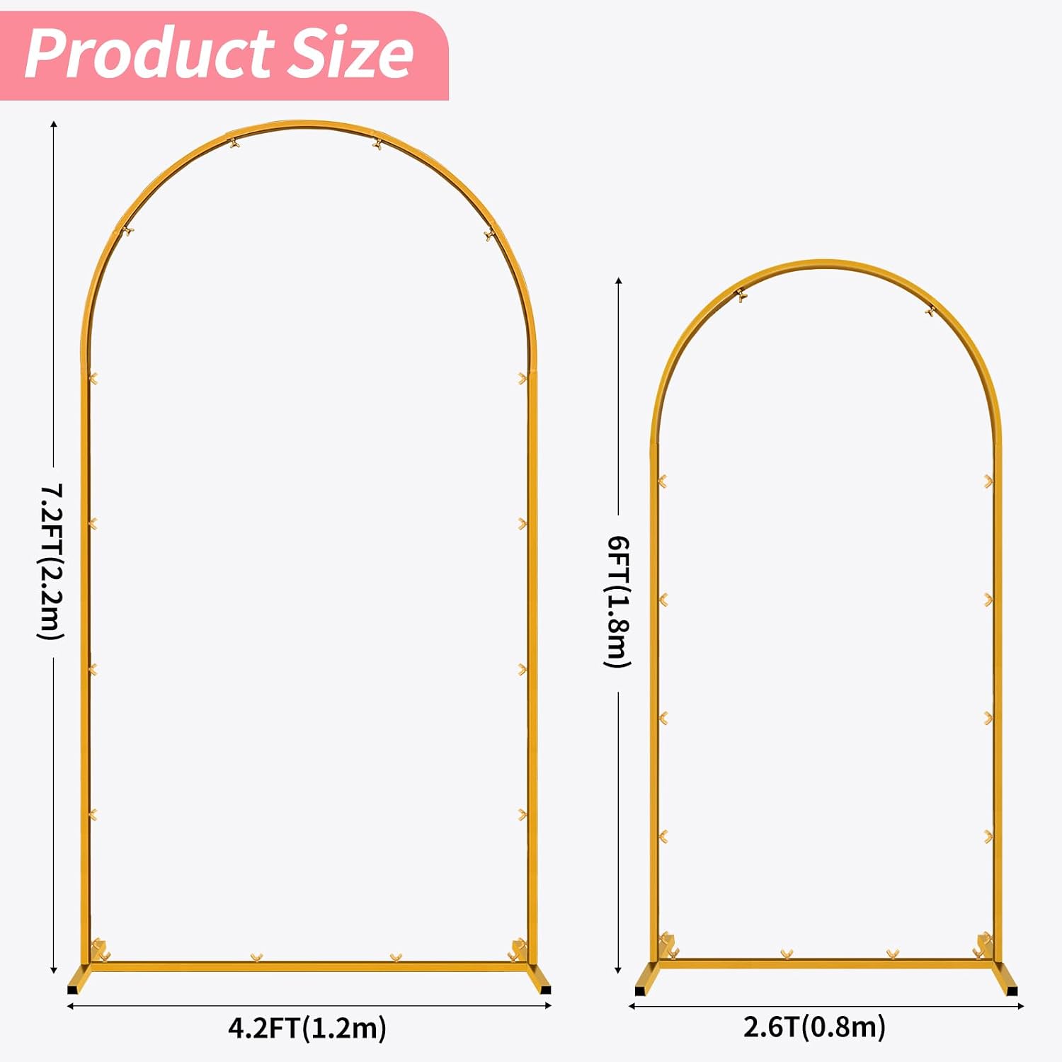 Metal Arch Backdrop Stand Set of 2 Gold Wedding Arch Stand 7.2FT & 6FT Arched Backdrop Frame for Birthday Party Anniversary Engagement Anniversary Bridal Valentine Party Event Decoration