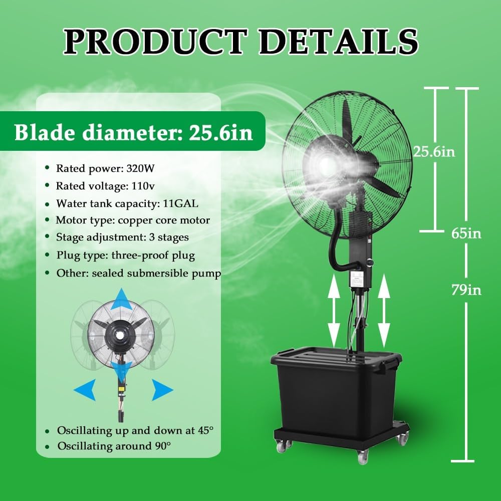 25.6in/30in Misting Fan Industrial Fan With 11 Gallon Tank Speed Adjustable For Patio, Outside Restaurant, Garage, Gym, Factory Workshop(25.6in)