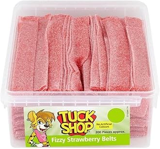 ( 200s Pack ) Tuck Shop Fizzy Strawberry Belts 200 Pieces 1.3kg