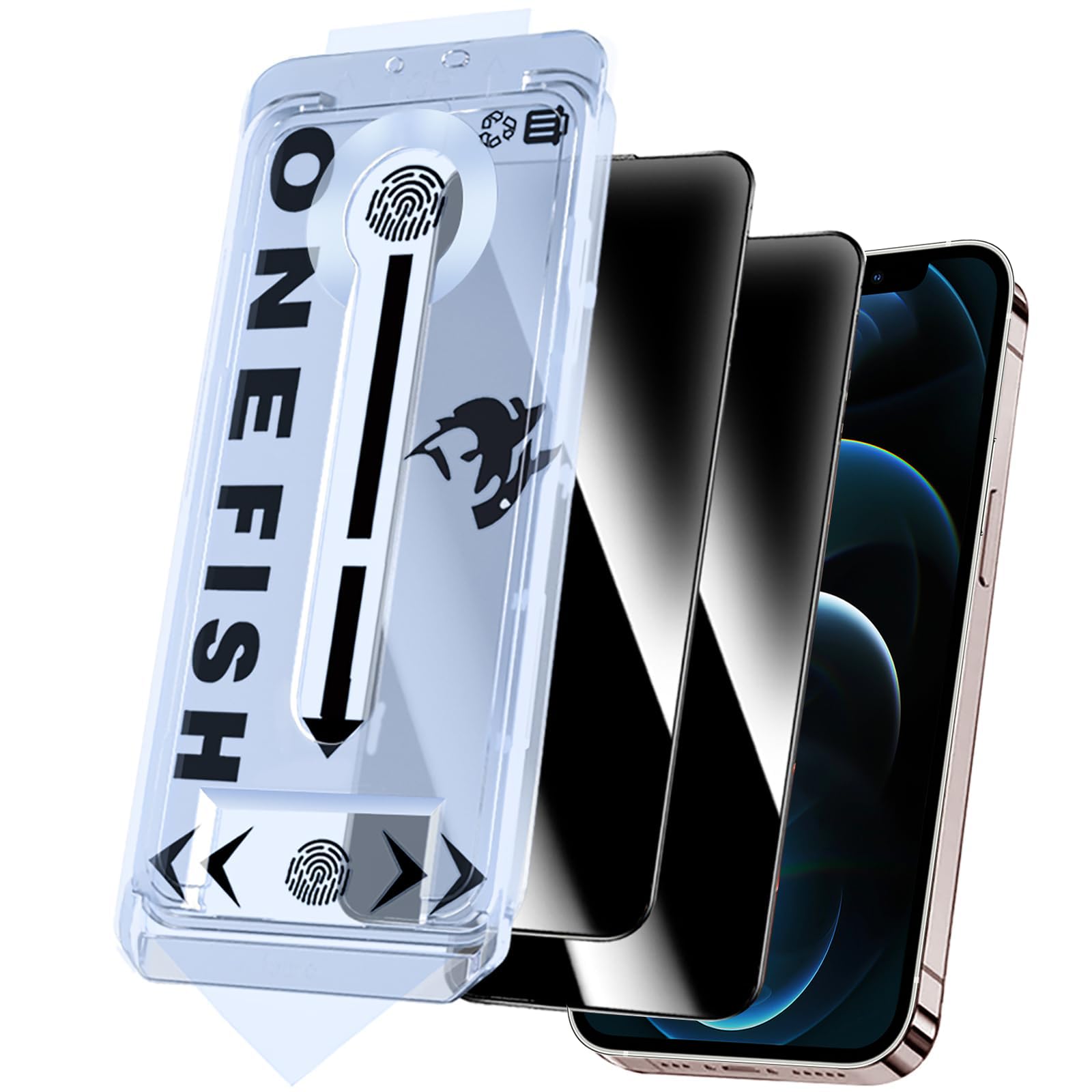 OneFish Privacy Screen Protector for iphone 12 Pro Max, Anti-Spy Tempered Glass Private,Edge Protection Screen Protector with Installation Frame,9H Glass Scratch Resistant, Bubble Free, 2 Packs