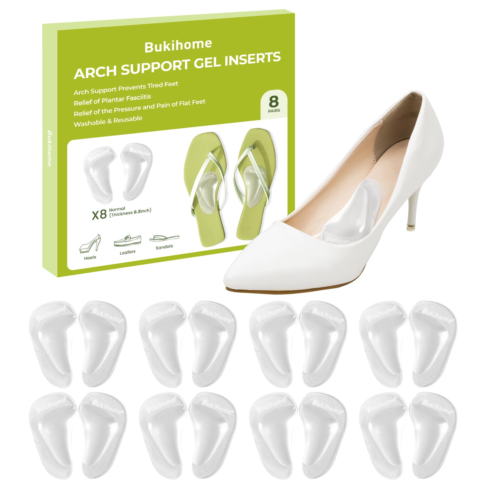 Arch Support Shoe Insoles &amp; Insert - Bukihome Gel Arch Inserts for Flat Feet, Plantar Fasciitis - Adhesive Arch Pad for Foot Pain Relief - All Day Comfort - 0.47 Inch - 8 Pairs (Clear)