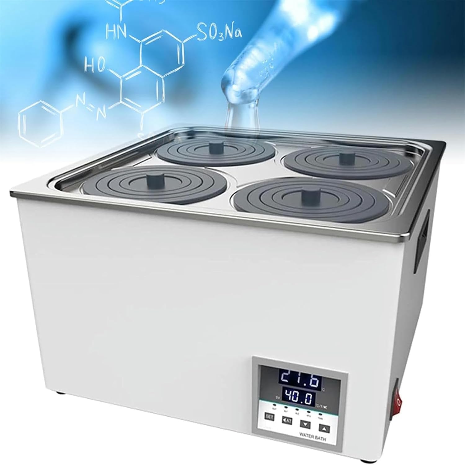 FLTRGO Lab Water Bath Thermostatic Heater, Digital Display/Timing/360° Thermal Cycling/Anti-Dry Burning, Water Bath for Medical Research Chemical Biology, 1/2/4/6holes