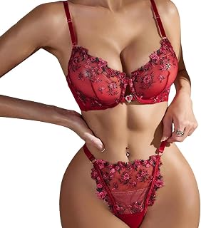 Femme 2 Pièces Ensemble Lingerie Broderie Florale Sexy Push Up Soutien Gorge avec Armature et Culotte Transparente Maille Grande Taille Érotique sous Vetements Dentelle Nuisette,S-XL