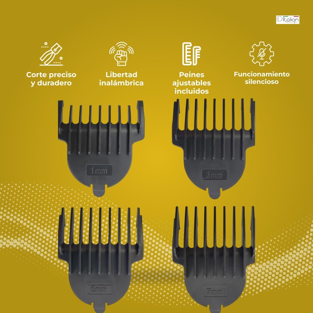 Italian Design - Cortapelos Profesional para hombre - Corte Preciso en Cabello y Barba - Inalámbrico con Batería Recargable 60 Min - Peines Ajustables - Motor Silencioso - Cuchillas Acero