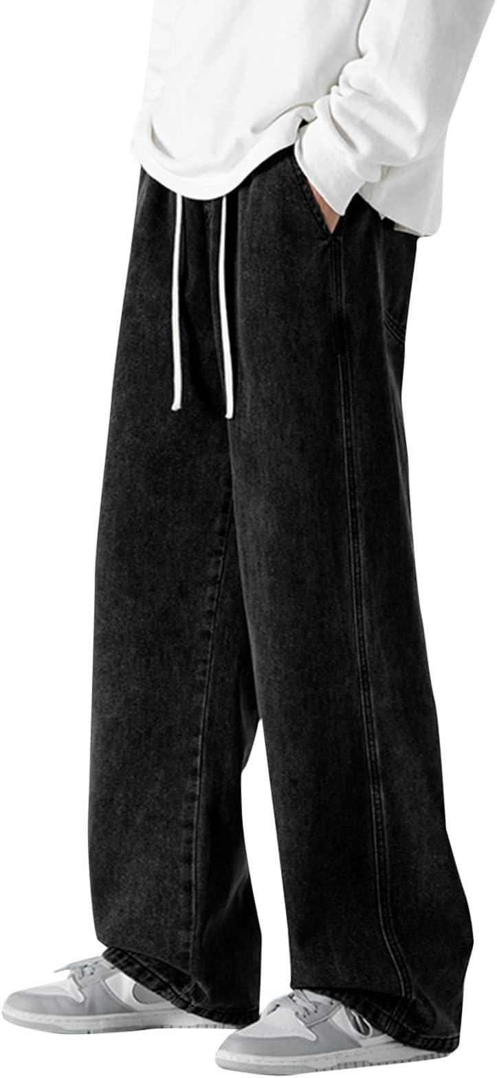Wide Denim Pants, Men's Jeans, Large Sizes, Loose Fit, Wide Pants, Elastic Waist, Men's Straight Jeans, Retro Style, Baggy Pants, Casual, Solid, Relaxed, Cool, Stylish, Regular Straight,