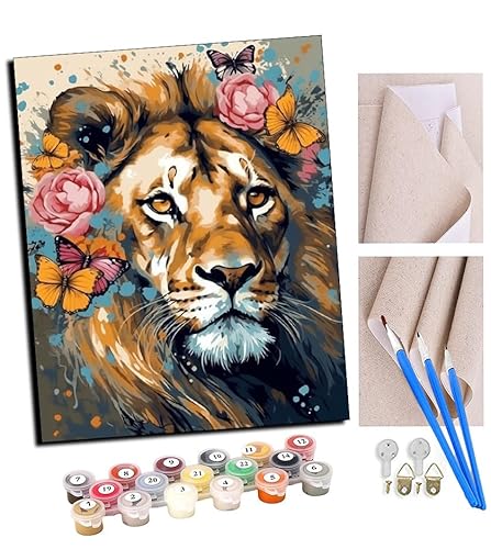 TUDOUTU Paint by Numbers Kits for Adults Lion with face Behind Flowers (5) with Brushes and Acrylic Pigment DIY Digital Canvas Painting for Adults Beginner-16X20 Inch with Frame