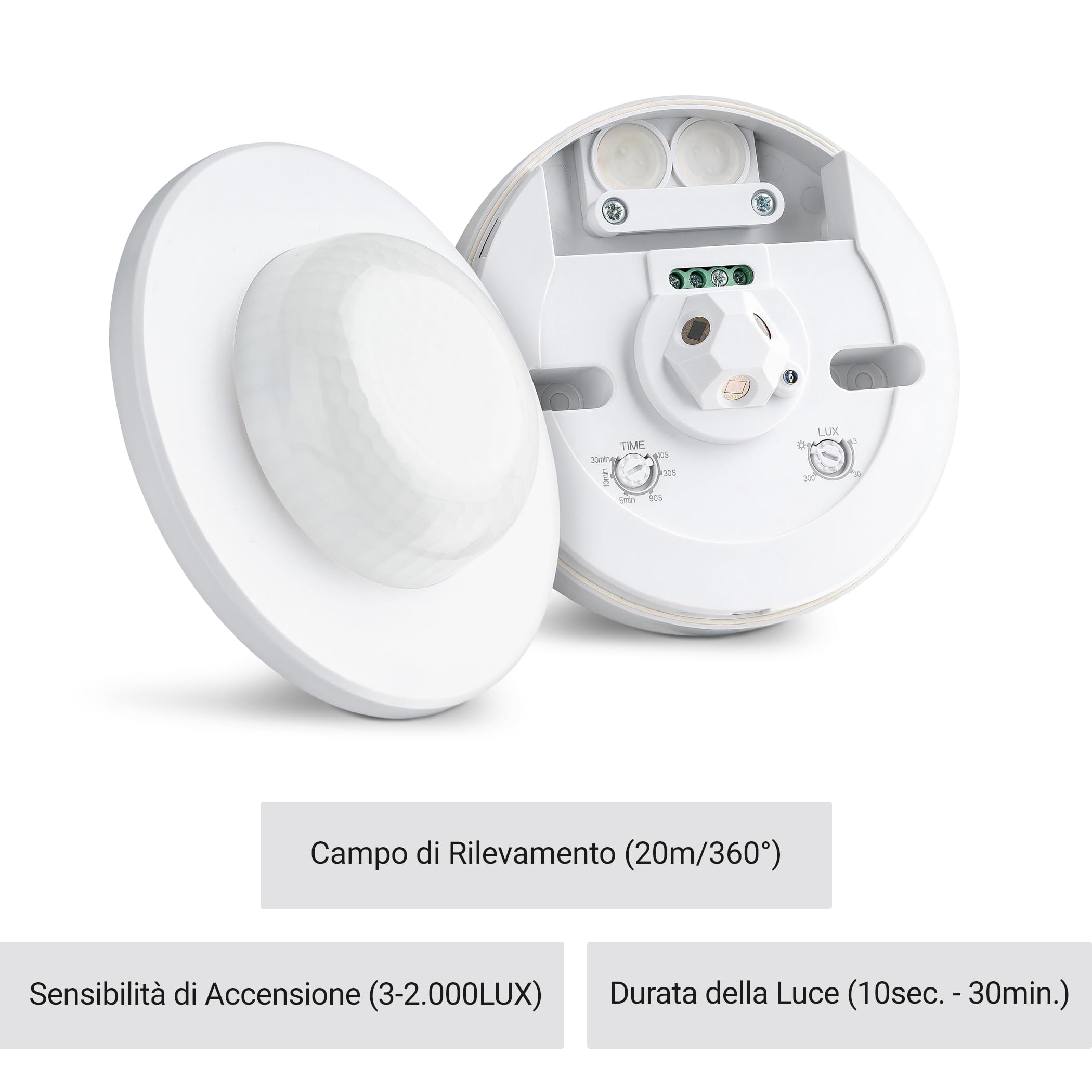 SEBSON 2x Rilevatore di Movimento Esterno IP65, Montaggio a Superficie a Soffitto, LED adatto, Programmabile, Sensore Infrarossi 20m / 360°