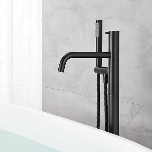 Miniatura 9 de Llenador de bañera independiente Grifo de bañera Negro Montaje en el piso Grifos de baño de latón de una sola manija con ducha de mano