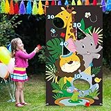 Jungle Animals Theme Party Supplies, Wild Animals Toss Game Banner with 3 Bean Bags, Safari Animals Theme Party Decoration for Giraffe Elephant Lion Zoo Baby Shower Birthday Party