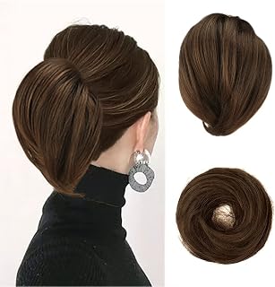 BARSDAR Straight Hair Bun Extensions - Synthetic Fully Short Straight Ponytail Hair Bun Extensions for Women - Elastic Messy Hair Bun Hairpieces Scrunchies Daily - Mixed Chestnut Brown