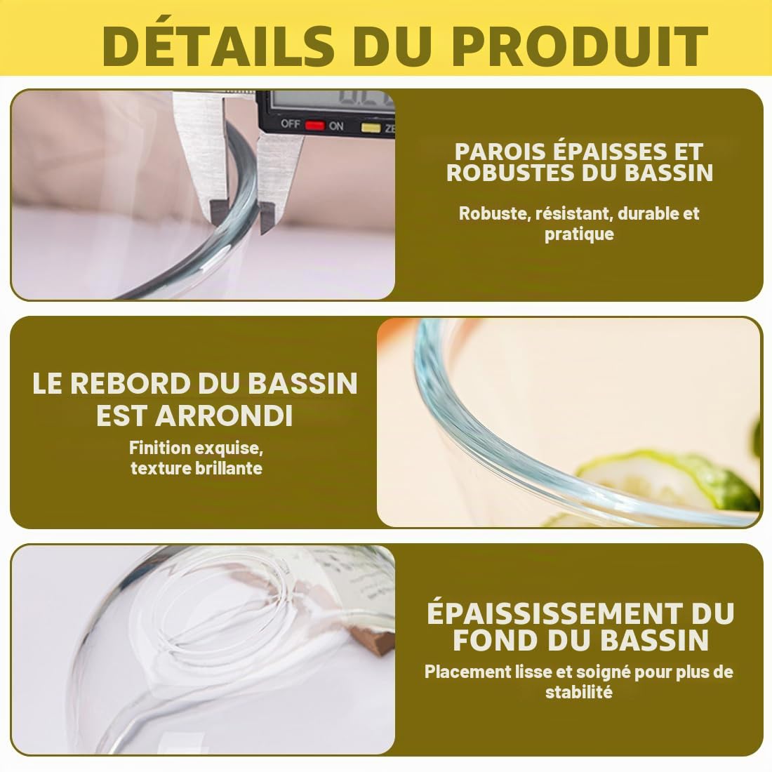 Lot de 3 Bols Mélangeurs en Verre Borosilicate 1050 ml+2700 ml+4400 ml avec Couvercle Hermétique Sans BPA Compatibles Micro-ondes Lave-Vaisselle Empilables pour Gagner de la Place