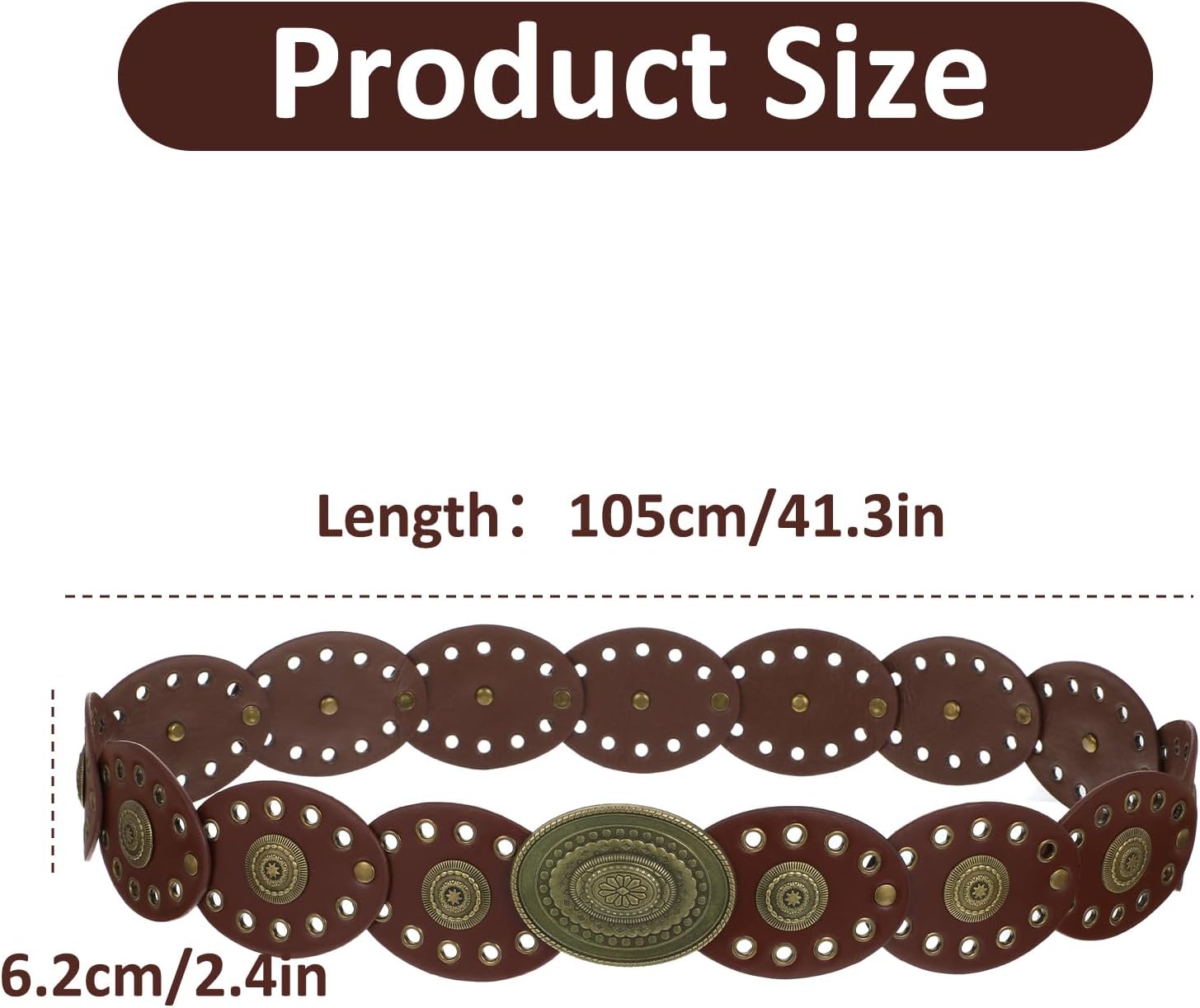 Womens Western Cowgirl Disc Belt, Vintage Wide Cowgirl Leather Oval Belts with Oval Buckle, Boho Leather Hollow Out Round Western Cowboy Cowgirls Waist Belt