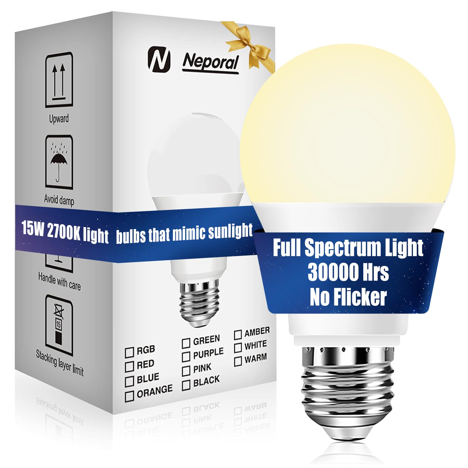 Neporal 15W Full Spectrum Light Bulb, 2700K UV-Free Natural