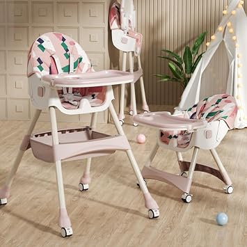 Multi-functional Baby Chair, High Chair, Low Chair, Foldable, Portable, High Low Chair, Baby Chair, Table Included, Meals, Baby Food Green Pink, Universal Wheels