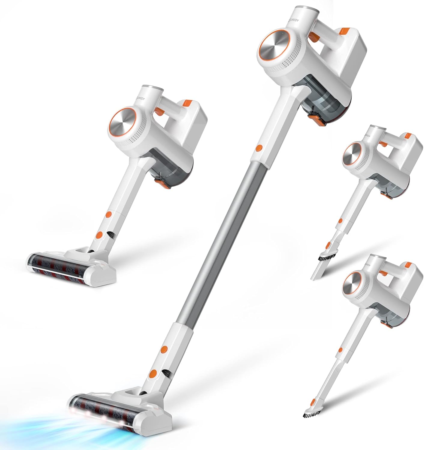 Coredy V01 Cordless Vacuum Cleaner, Stick Vacuum with Strong & Constant Suction, 800ml Large Dust Cup, Up to 35 Mins Runtime 6-in-1 LED Lightweight Vacuum for Pet Hair Carpet Hard Floor, White -