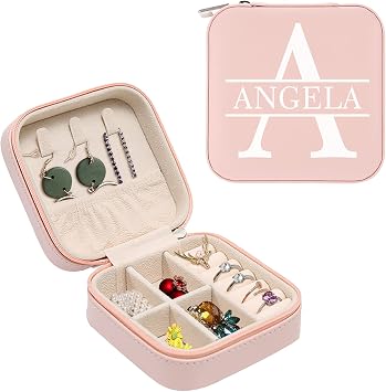 Gemszoo Personalized Name Jewelry Organizer Boxes for Women Custom Initial Letter Jewlery Box Small Travel Jewelry Case Storage Gift for Women Bridesmaid Birthday Christmas Pink-initial