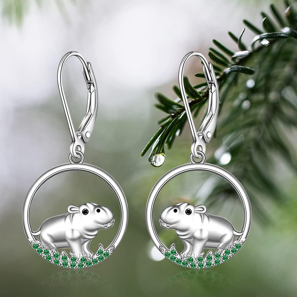 Hippo Earrings for Women Sterling Silver Hippopotamus Earrings Cute Animal Dangle Hoop Hypoallergenic Fun Hippo Jewelry Charms Christmas Gifts