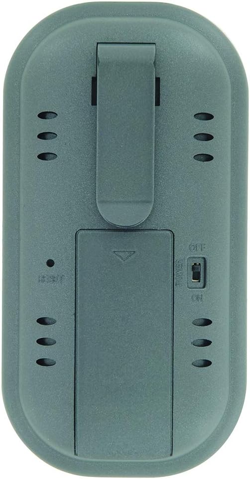 Back view of the thermometer showing battery compartment and belt clip