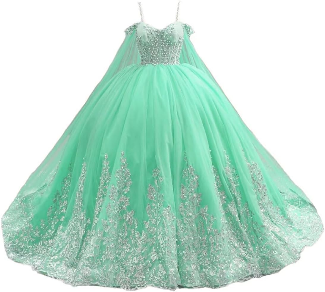 Dydsz Women's Sparkly Appliques Quinceanera Dresses with Cape Beaded Sweet 16 Prom Ball Gown