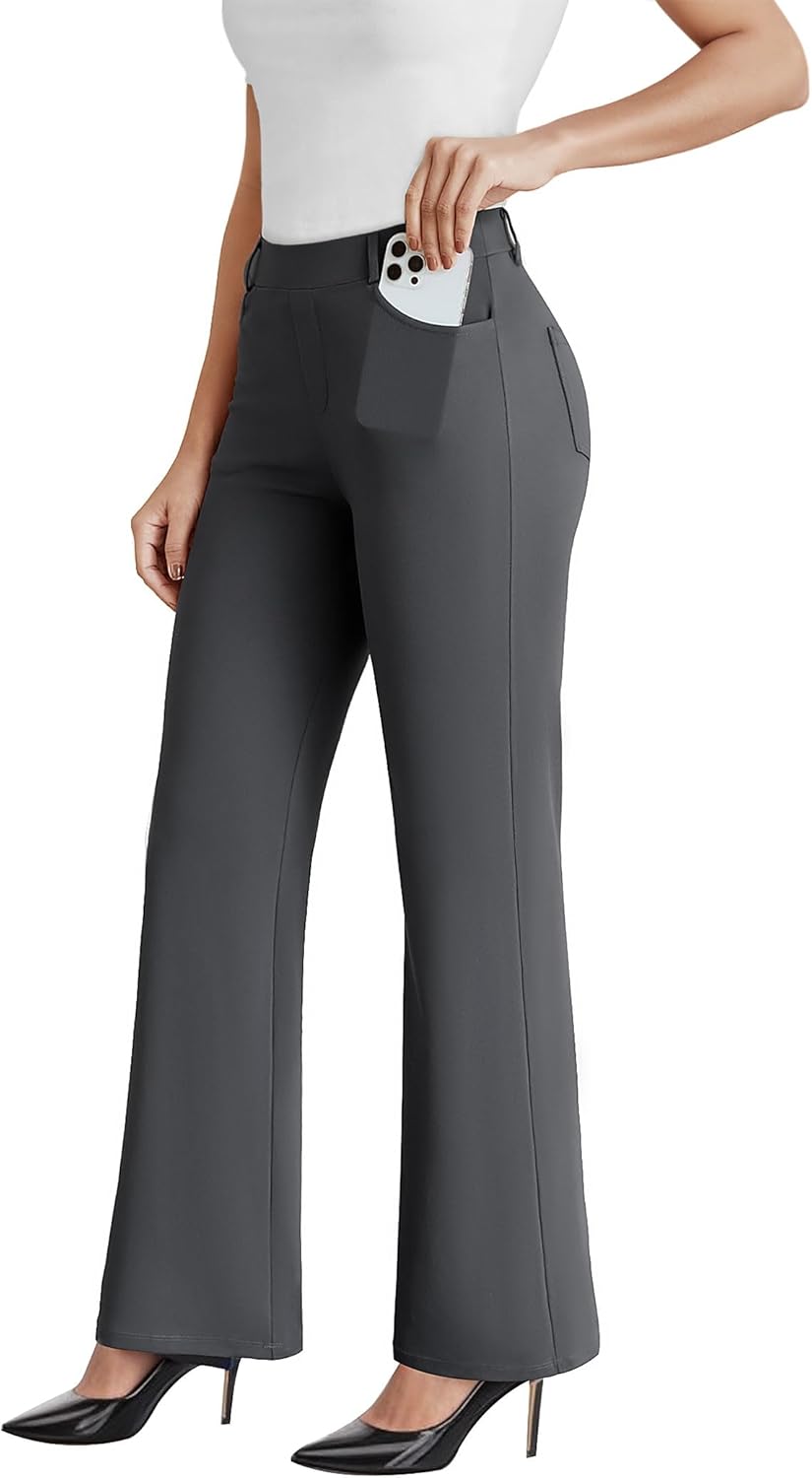 Dress Work Pants Women Business Casual Slack Trousers Stretchy Pull On Office Flare Pants with Pockets