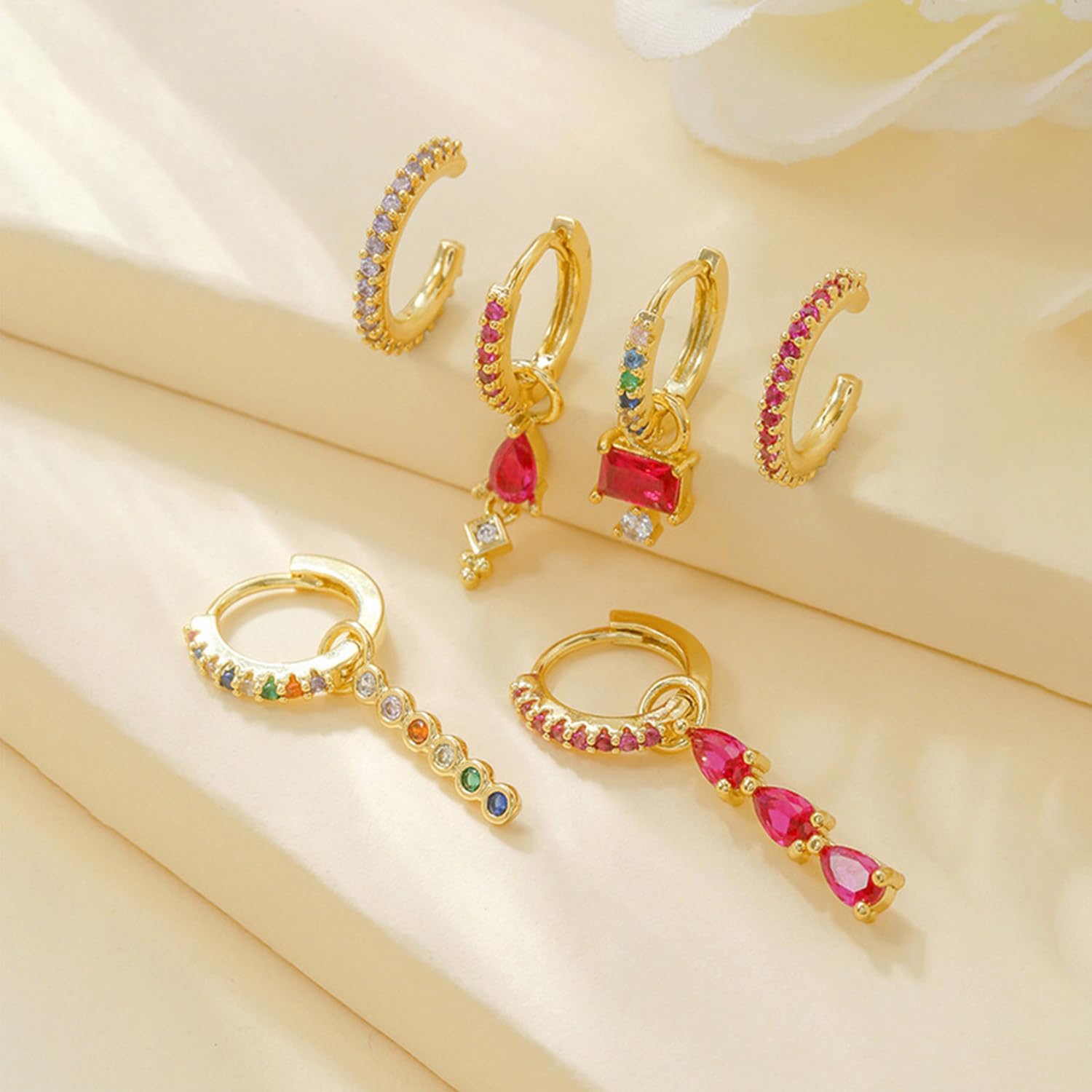 6pcs Gold Hoop Earring Stacks For Women Dainty Colorful Cubic Zirconia Huggie Earrings 18k Gold Hoop Earrings Cartilage Stud Earring Sets For Multiple Piercing - Image 3