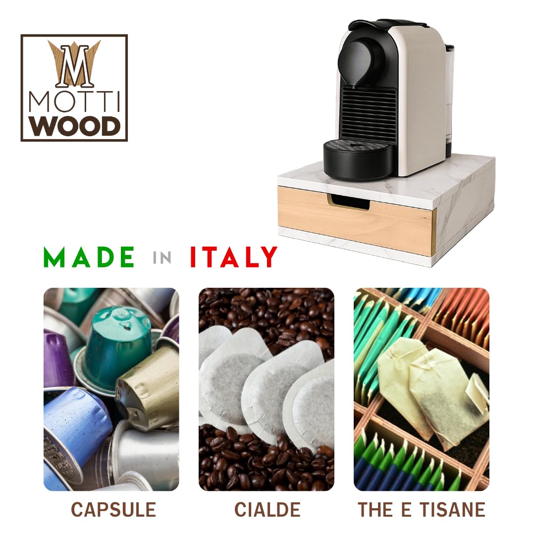 Mottiwood Porta Capsule Cialde con Cassetto, Salva Spazio, Effetto Marmo Bianco, 31x31x12hcm, Cassetto Porta Capsule o Cialde Compatibili, Bustine e Accessori, Made in Italy (Effetto Marmo Bianco)