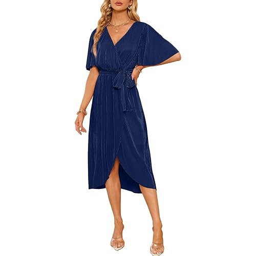 Happy Sailed Women's Wrap V Neck Midi Dress Formal Short Sleeve Pleated Cocktail Party Dresses with Belt
